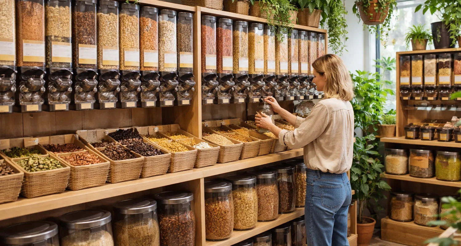 Vente de produits bio en vrac en magasin, fruits secs, graines et légumineuses en libre-service