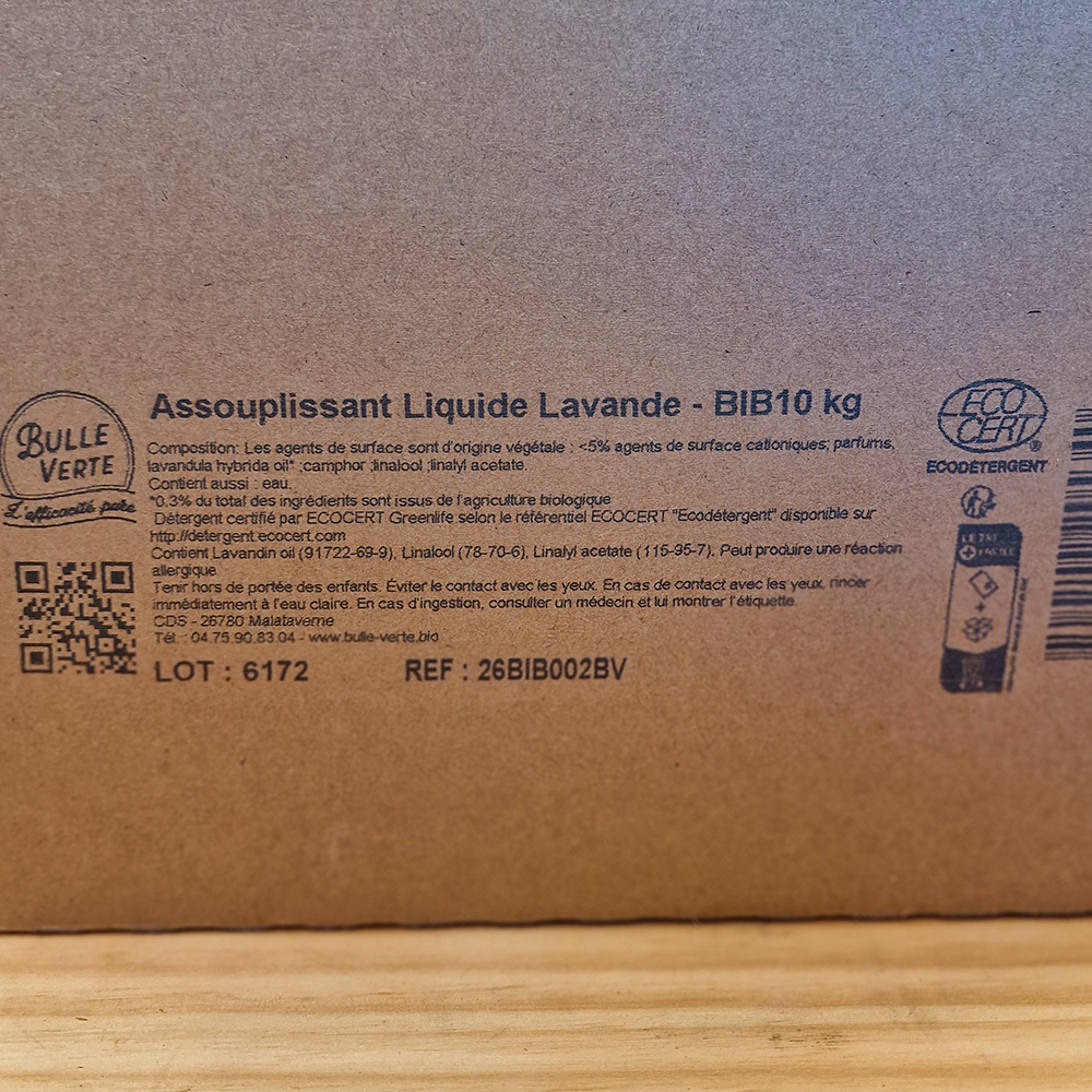 Assouplissant écologique Lavande avec agent dermo-protecteur – Douceur & protection des textiles – BIB 10 kg – Bulle Verte ingrédients
