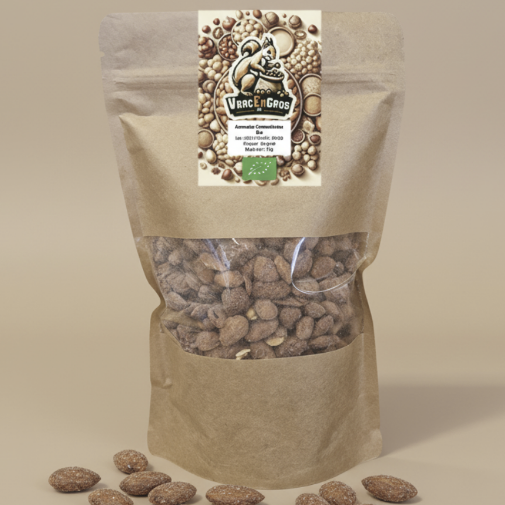 Sachet d’amandes caramélisées bio en vrac, emballage kraft écologique
