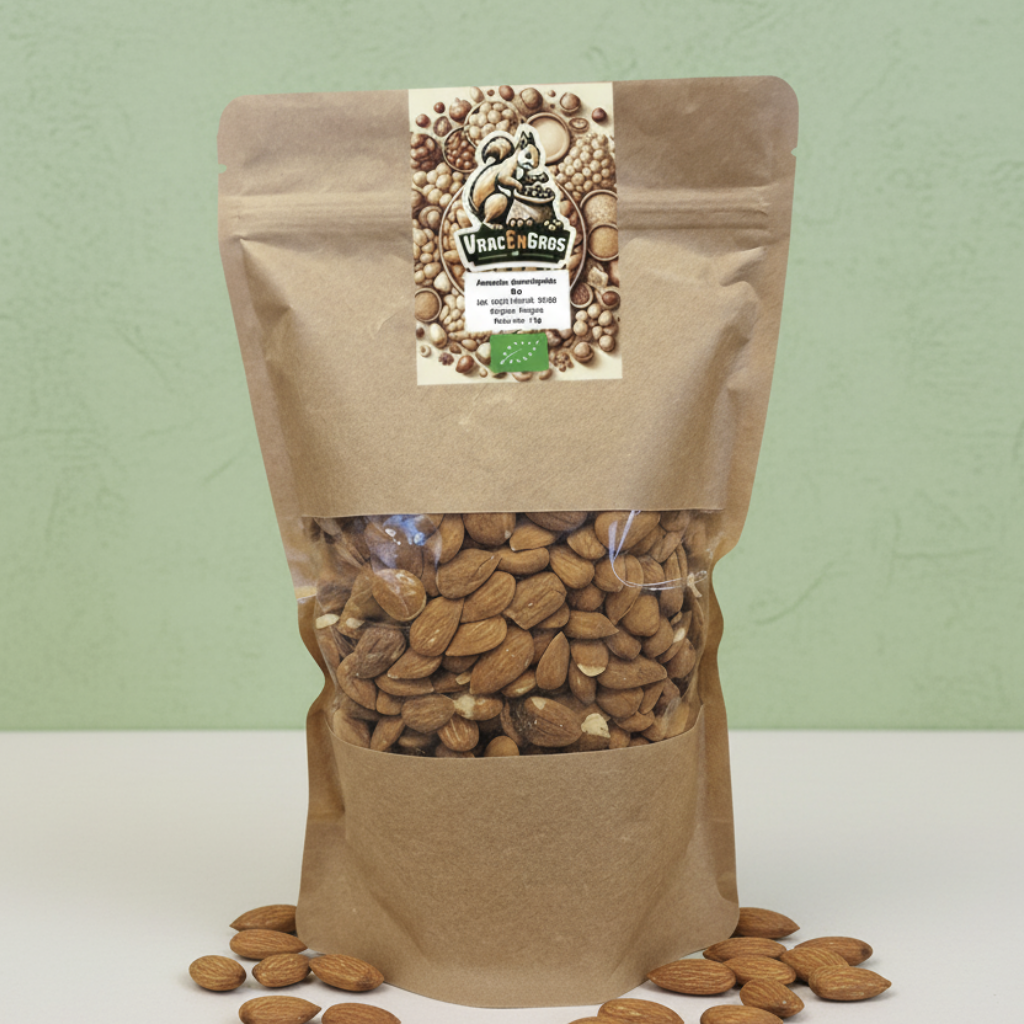 Sachet d’amandes décortiquées bio en vrac, emballage kraft écologique