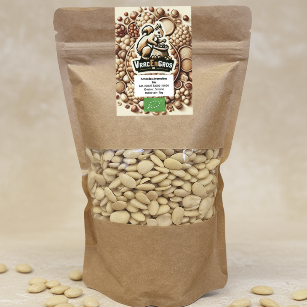 Sachet d’amandes émondées bio en vrac, emballage kraft écologique