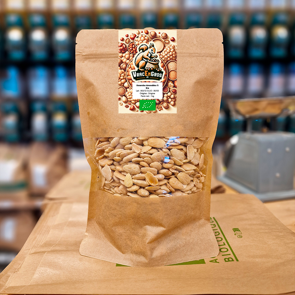 Amandes émondées grillées biologique en sachet kraft 