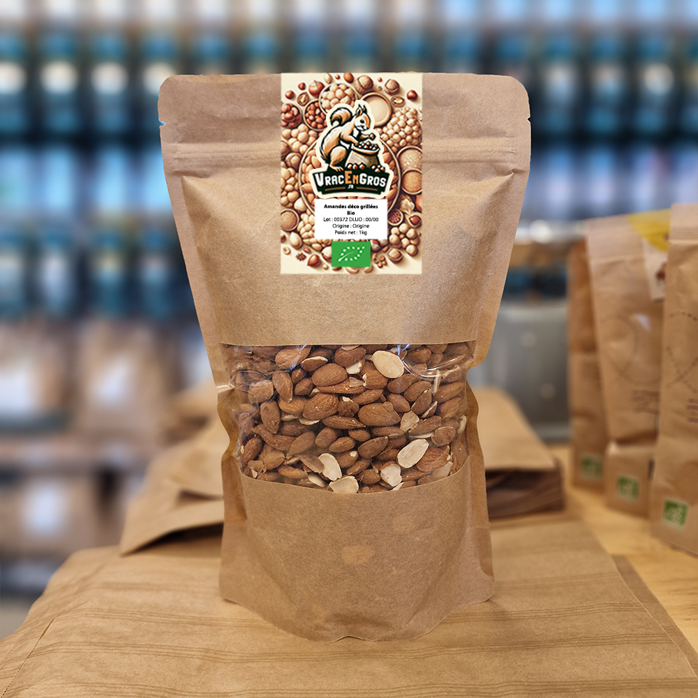 Sachet d’amandes grillées bio en vrac, emballage kraft écologique