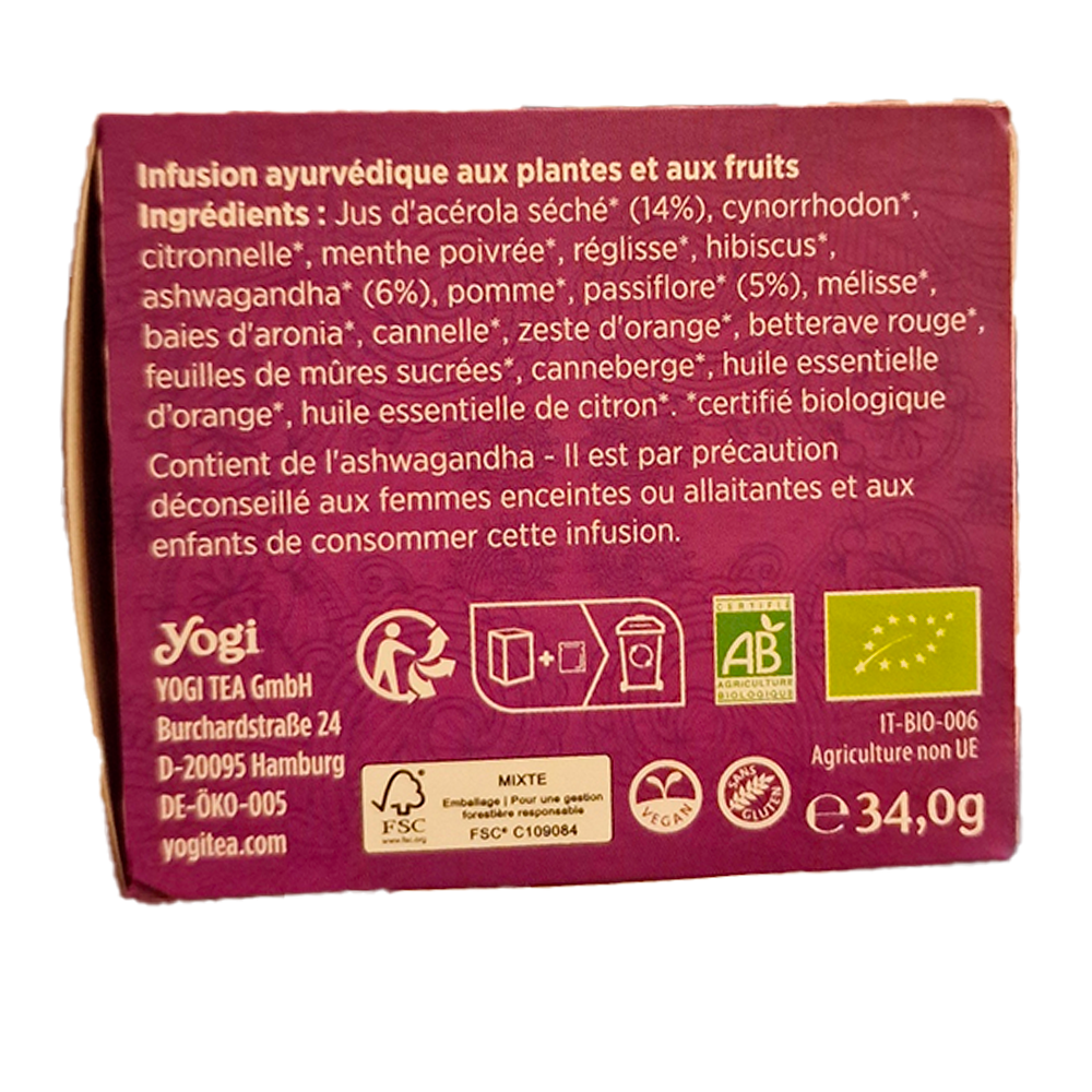Infusion d'Ashwagandha Relaxation Yogi Tea Biologique ingredients