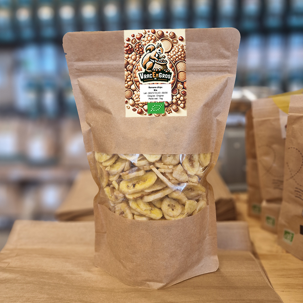 Bananes chips biologique en sachet kraft