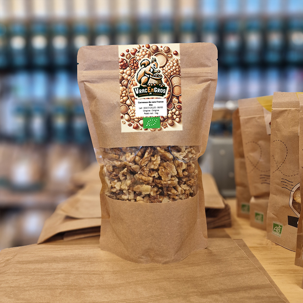 Cerneaux de noix bio en vrac, emballage kraft écologique