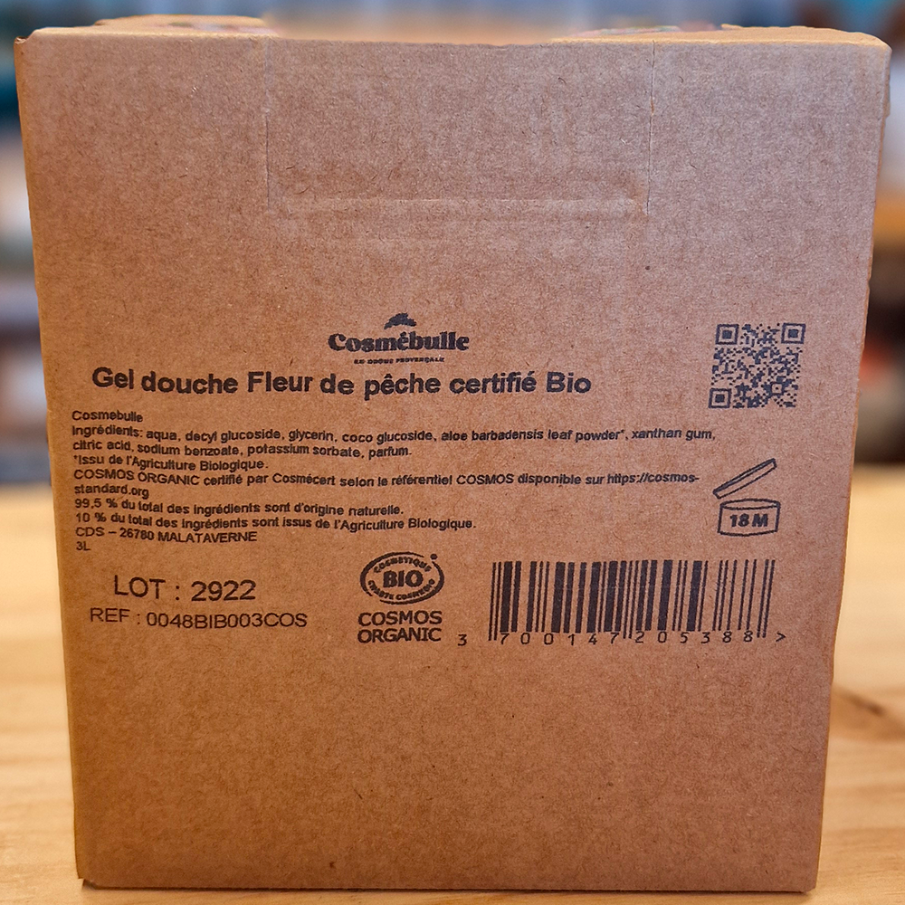 Gel Douche Fleur de Pêche Bio – Certifié COSMOS Organic – Format Économique 3L ingrédients