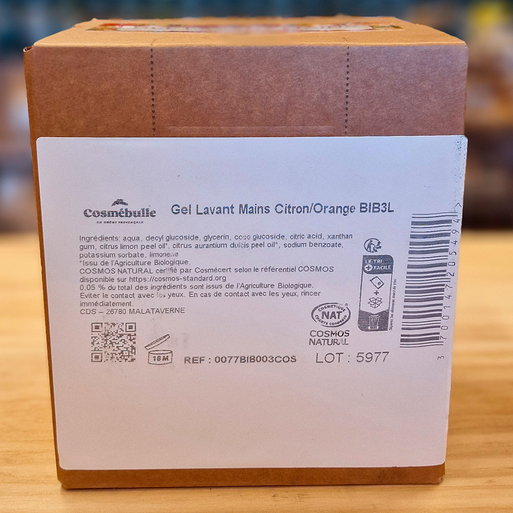 Gel Lavant Mains Citron & Orange Bio – Certifié COSMOS Natural – Format Économique 3L iNGREDIENTS