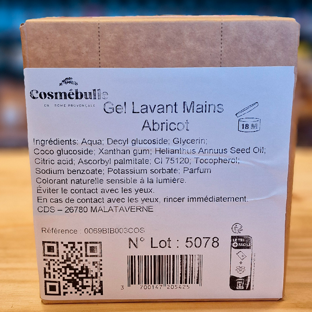 Gel Lavant Mains Abricot – 99 % d’ingrédients d’origine naturelle – Format Économique 3L ingredients