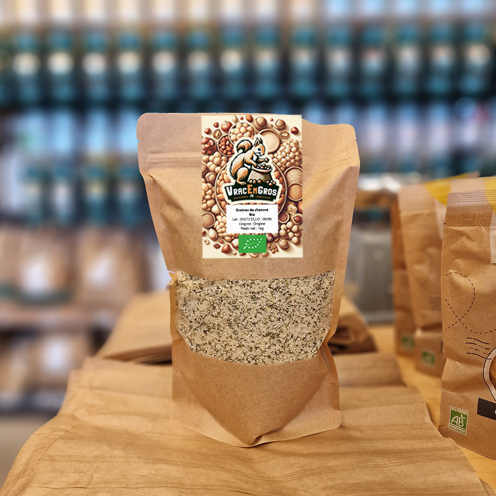 Graines de chanvre biologique en sachet kraft