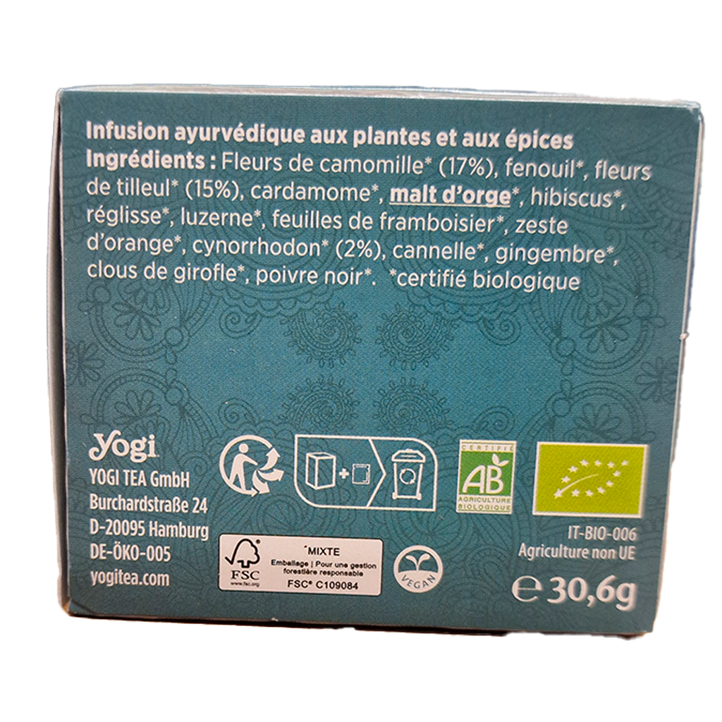 Infusion Grand calme Yogi tea biologique infusettes ingrédients