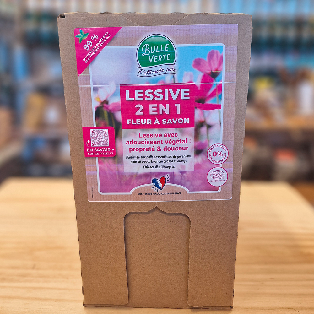 Lessive écologique 2 en 1 Fleur à savon – Lessive avec adoucissant végétal – BIB 10 kg – Bulle Verte