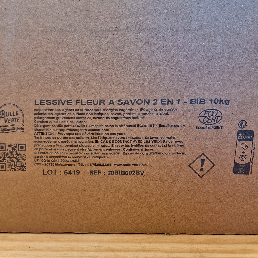 Lessive écologique 2 en 1 Fleur à savon – Lessive avec adoucissant végétal – BIB 10 kg – Bulle Verte ingredients