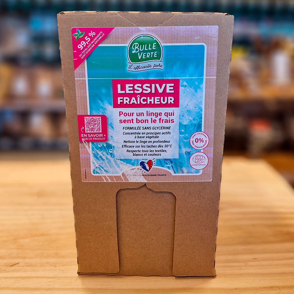 Lessive liquide écologique Fraîcheur – Linge propre & odeur fraîche – BIB 10 kg – Bulle Verte