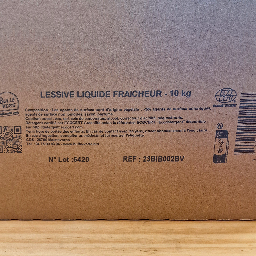 Lessive liquide écologique Fraîcheur – Linge propre & odeur fraîche – BIB 10 kg – Bulle Verte ingredients
