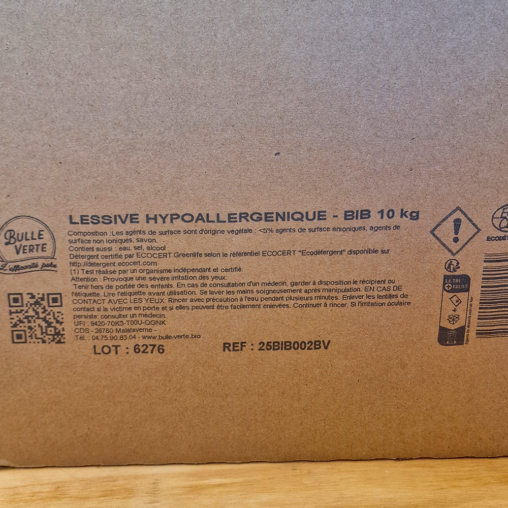 Lessive Hypoallergénique biologique 10kg ingrédients