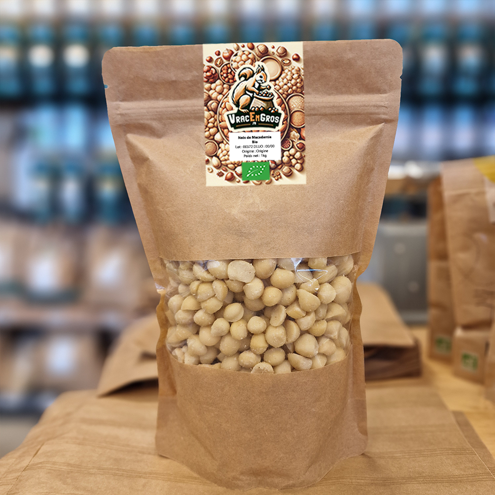 Sachet de noix de macadamia bio en vrac, emballage kraft écologique