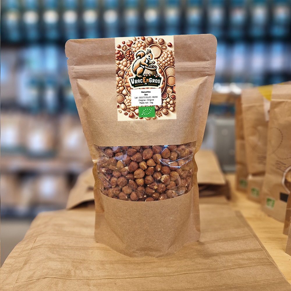 Sachet noisettes décortiquées bio en vrac, emballage kraft écologique