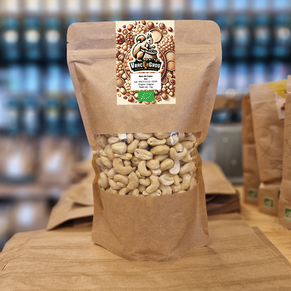 Sachet de noix de cajou bio en vrac, emballage kraft écologique