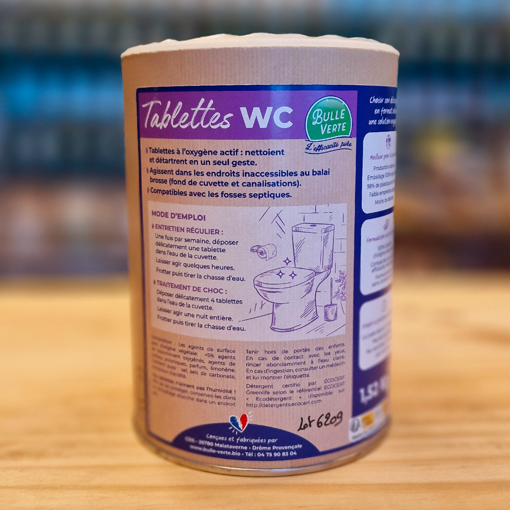 Tablettes WC 76 à l'oxygène actif nettoient et détartrent en un seul geste. Comsebio et fabriquer en France mode d'emploi