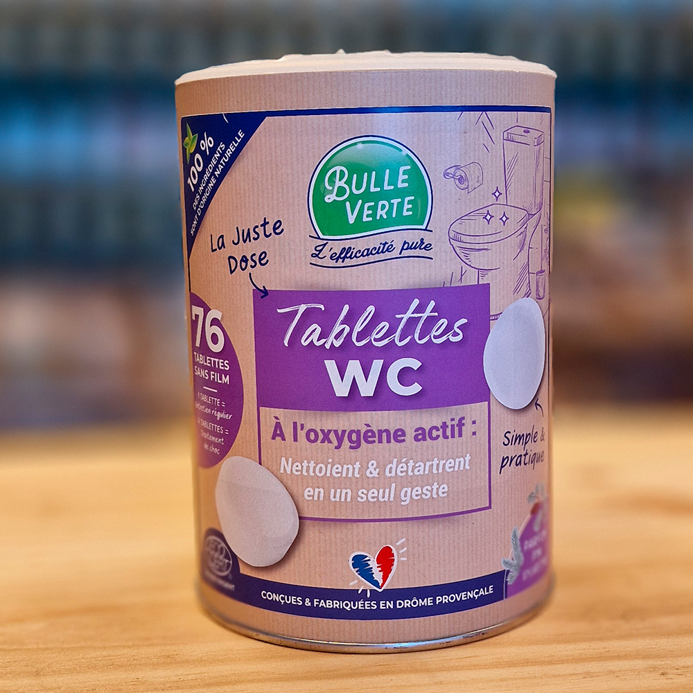 Tablettes WC 76 à l'oxygène actif nettoient et détartrent en un seul geste. Comsebio et fabriquer en France