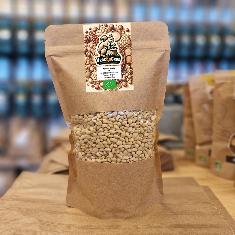 Sachet de pignons de pin bio en vrac, emballage kraft écologique