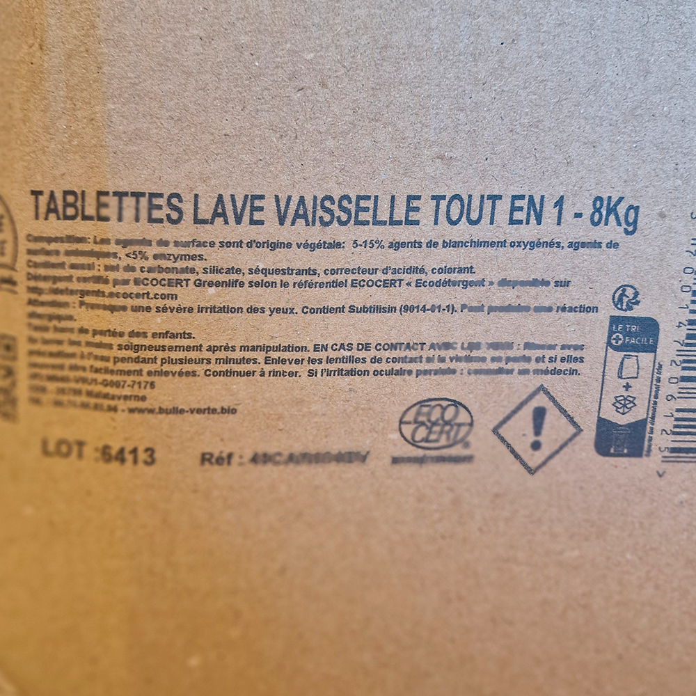 Tablettes lave-vaisselle écologiques tout-en-un – Vrac 8 kg – Certifiées ECOCERT ingredients