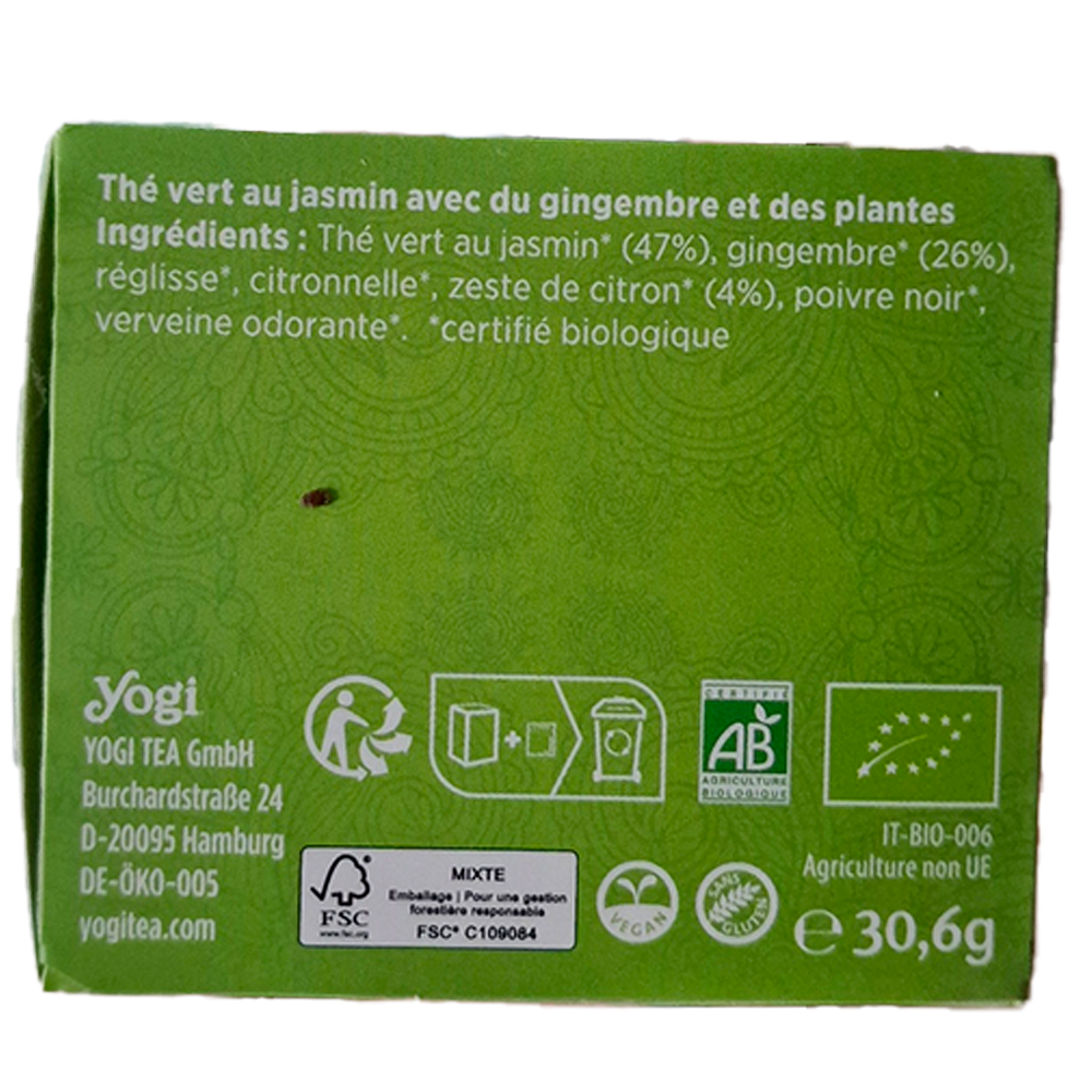 Infusion Thé vert au Jasmin Yogi Tea Biologique ingredients