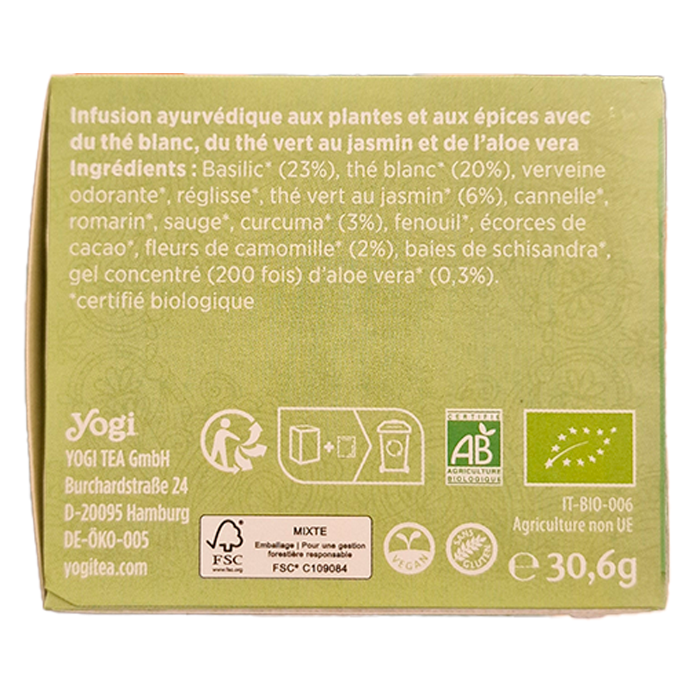 Infusion thé blanc à l'aloe vera biologique Yogi tea ingrédients