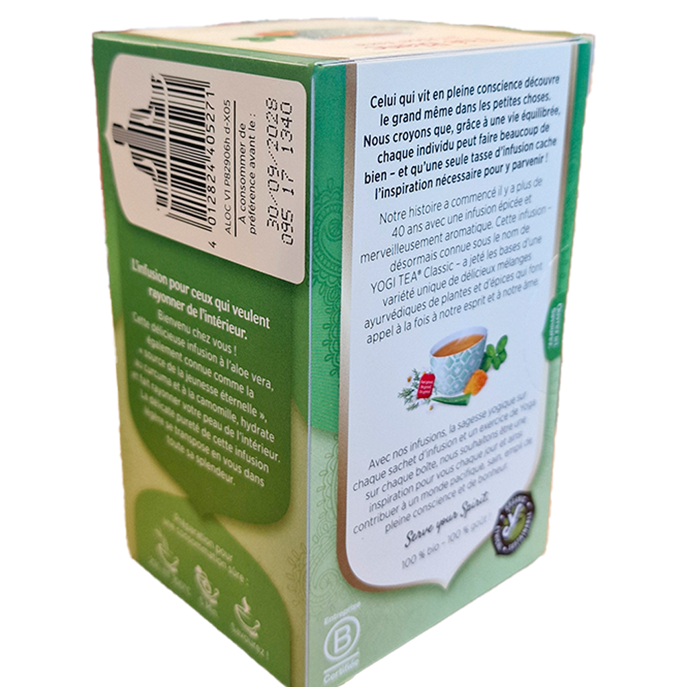 Infusion thé blanc à l'aloe vera biologique Yogi tea  verso