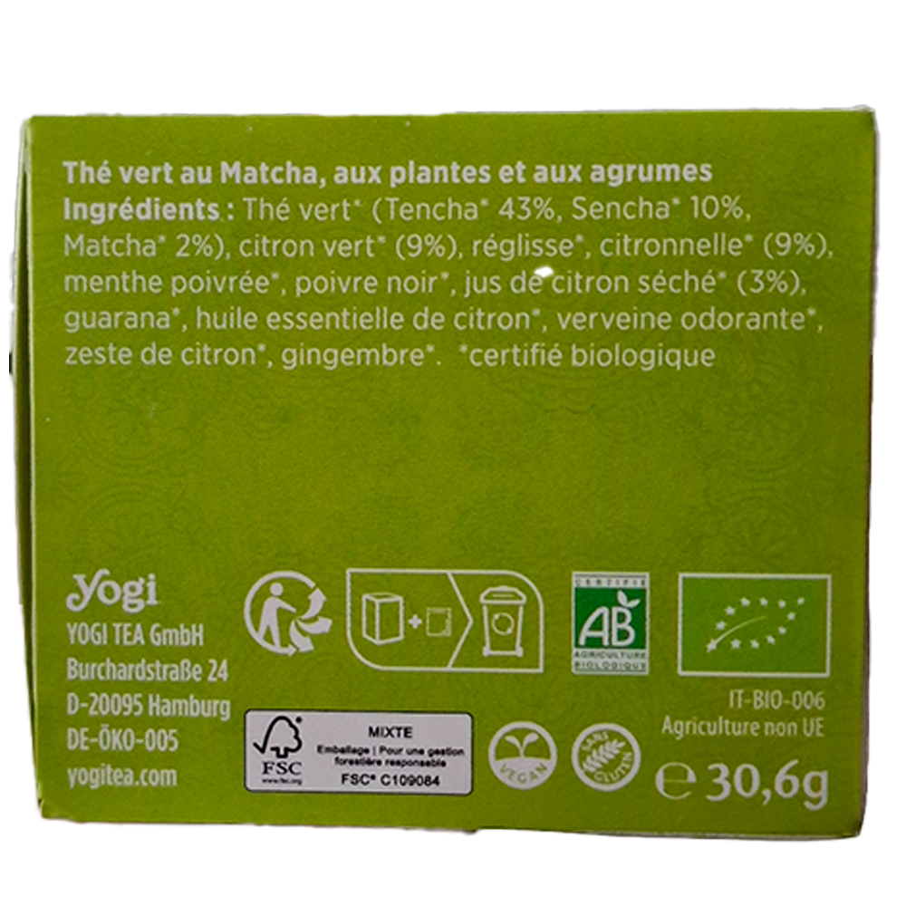 Infusion The vert matcha citron Yogi Tea biologique ingredients