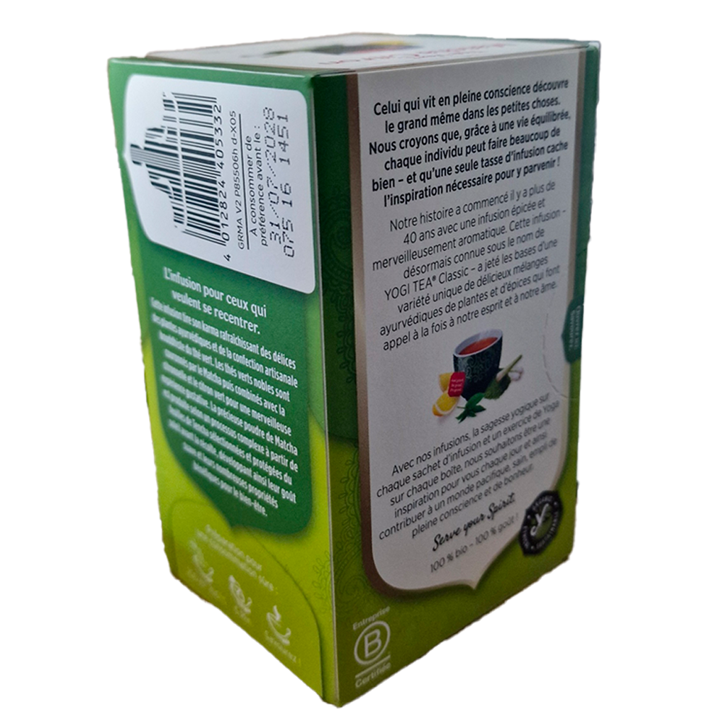Infusion The vert matcha citron Yogi Tea biologique verso